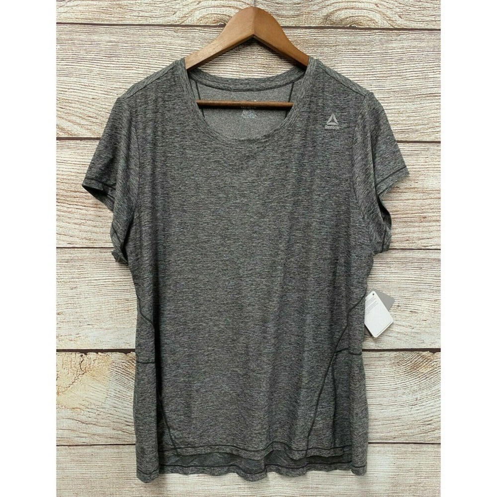 Reebok Training Shirt Womens Size 1X Black Heather Cap Sleeve Slim Fit Crew New